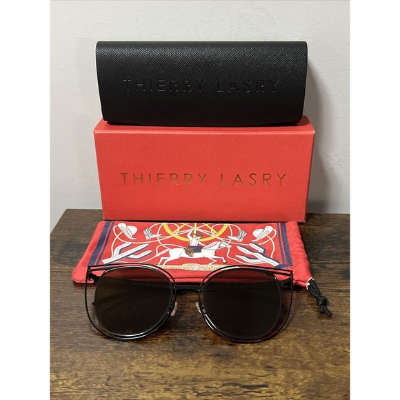THIERRY LASRY Eventually 700 Sunglasses Brown Cat Eye Shape Wire Frame + Case